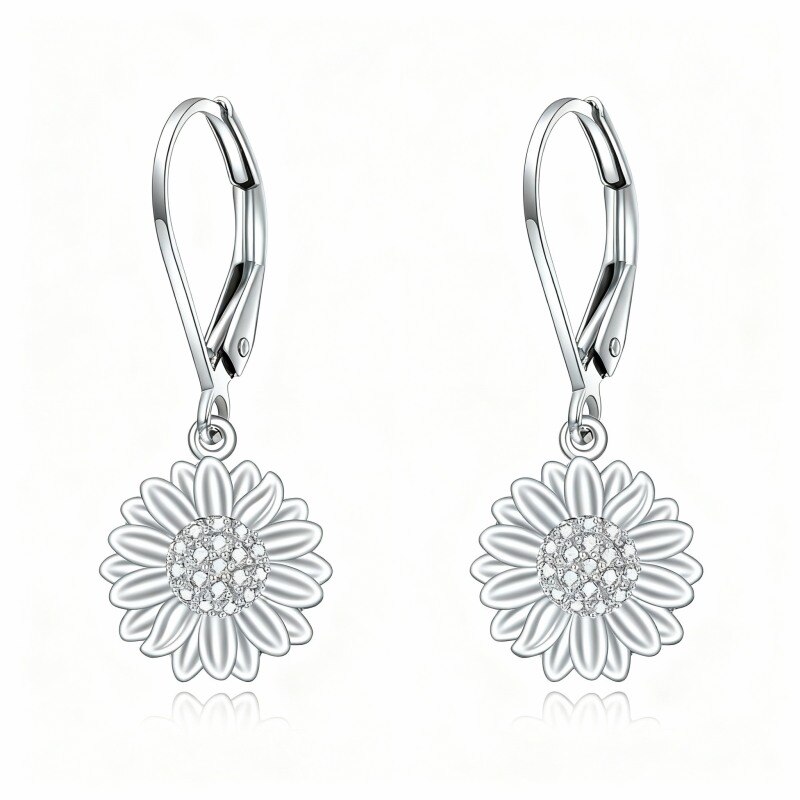 Ohrringe aus Platin mit weißgoldplattiertem Zirkonia in Sonnenblumenform mit Klappverschluss-1