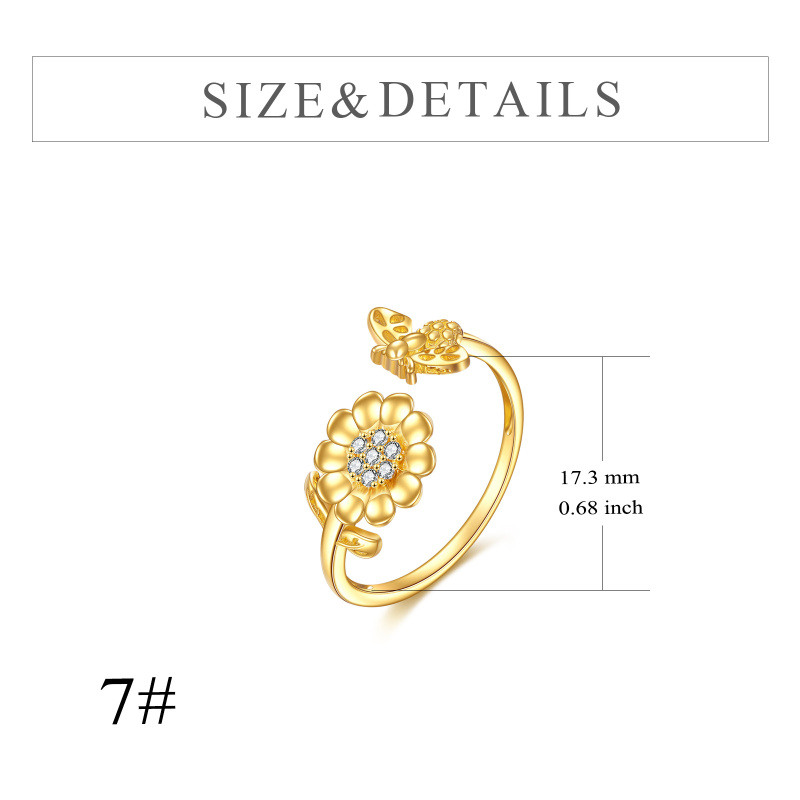 Anillo abierto de girasol con circonita cúbica y oro de 14 quilates-5