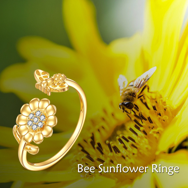 Anillo abierto de girasol con circonita cúbica y oro de 14 quilates-6