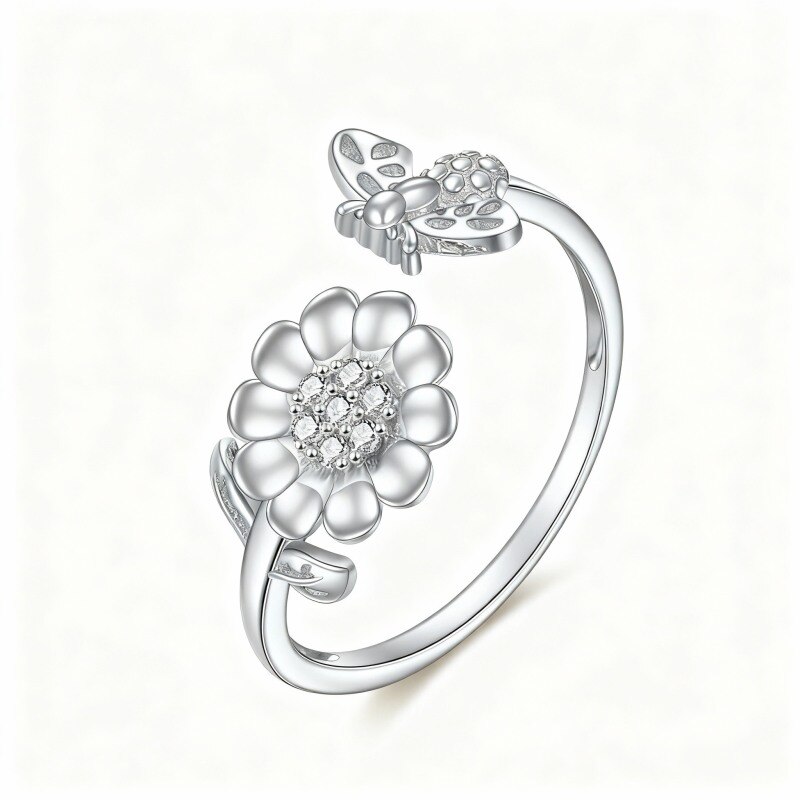 Anillo abierto de girasol con circonita cúbica en oro blanco de 10 quilates-11