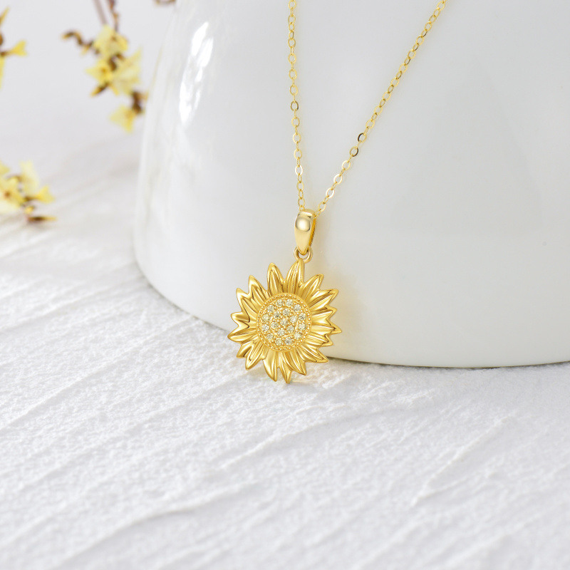 10K Gold Zircon Sunflower Pendant Necklace-3