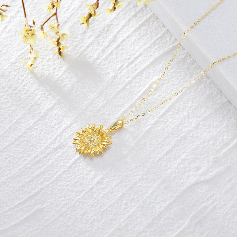 10K Gold Zircon Sunflower Pendant Necklace-4