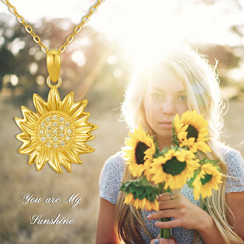 10K Gold Zircon Sunflower Pendant Necklace-6