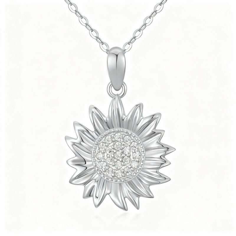 10K White Gold Cubic Zirconia Sunflower Pendant Necklace-18