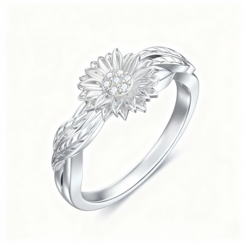 Bague tournesol en platine plaqué or blanc et zircon cubique-1