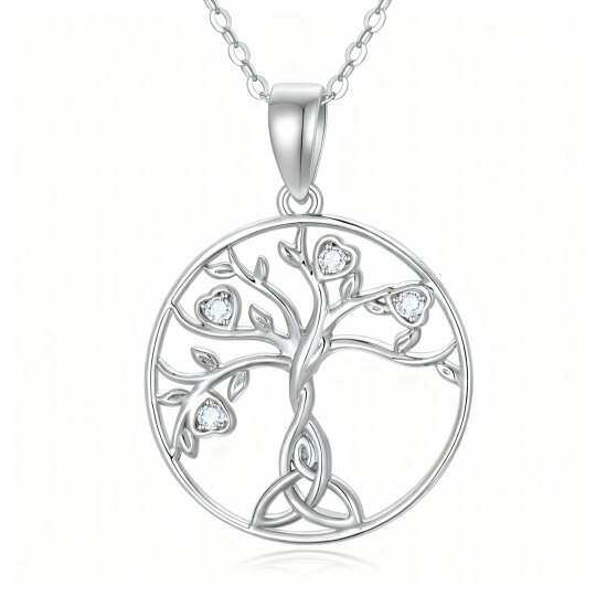 Collier pendentif Arbre de Vie et nœud celtique en or blanc 10 carats et zirconiums cubiques