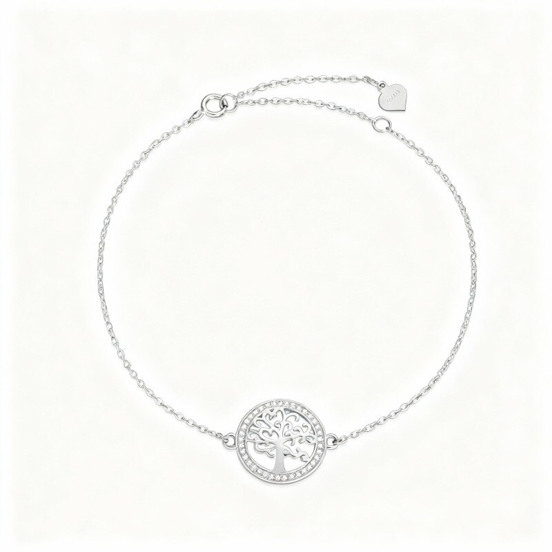 Pulsera con dije del Árbol de la Vida en oro blanco de 9 quilates y circonitas cúbicas-1