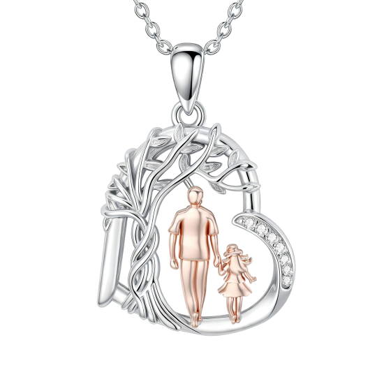 Collar con colgante del Árbol de la Vida y Padre e Hija en oro blanco de 10 quilates con circonitas cúbicas.