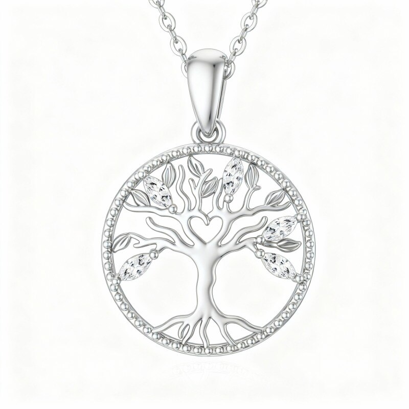 Collar con colgante del Árbol de la Vida en oro blanco de 10 quilates con circonitas cúbicas-1