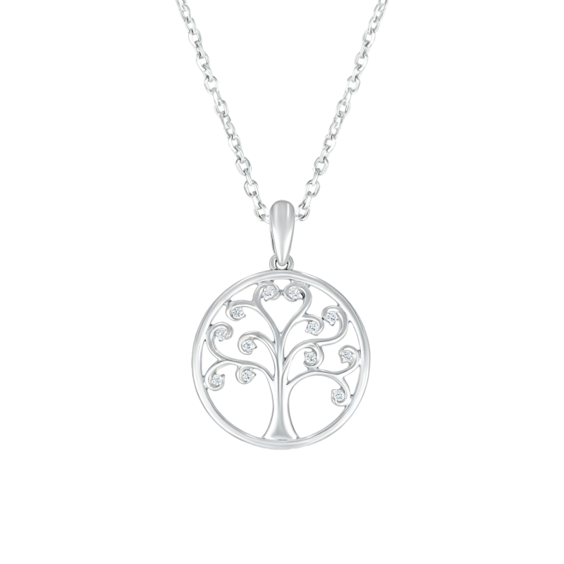 10K White Gold Cubic Zirconia Tree Of Life Pendant Necklace-1