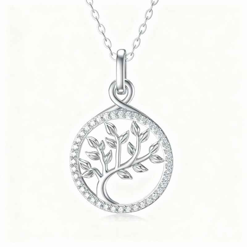 Collar con colgante del Árbol de la Vida en platino con circonitas cúbicas chapadas en oro blanco-1