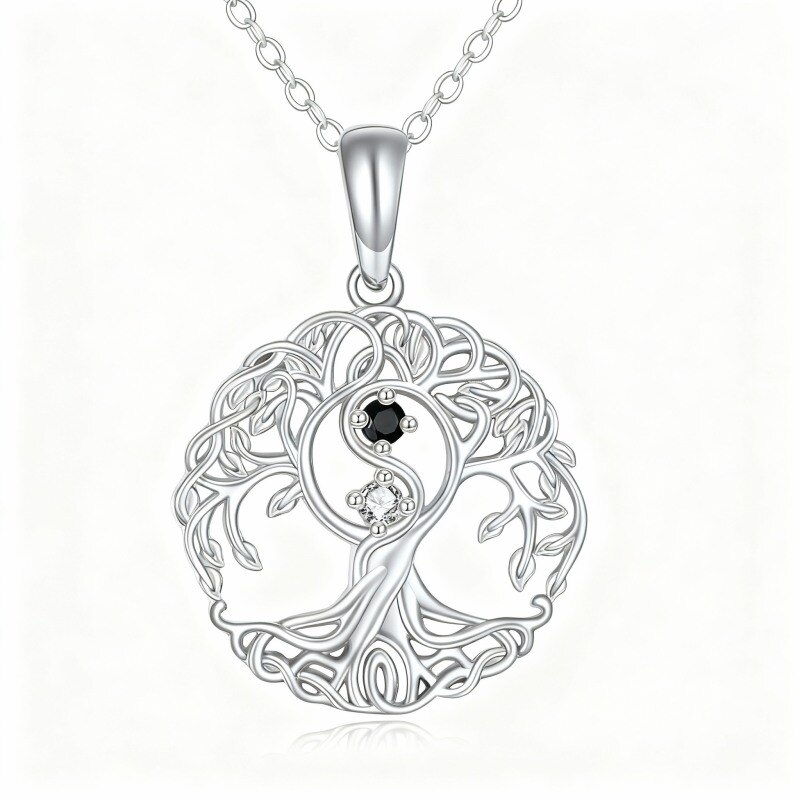 Collier pendentif Arbre de Vie en or blanc 14 carats et zirconiums cubiques-1
