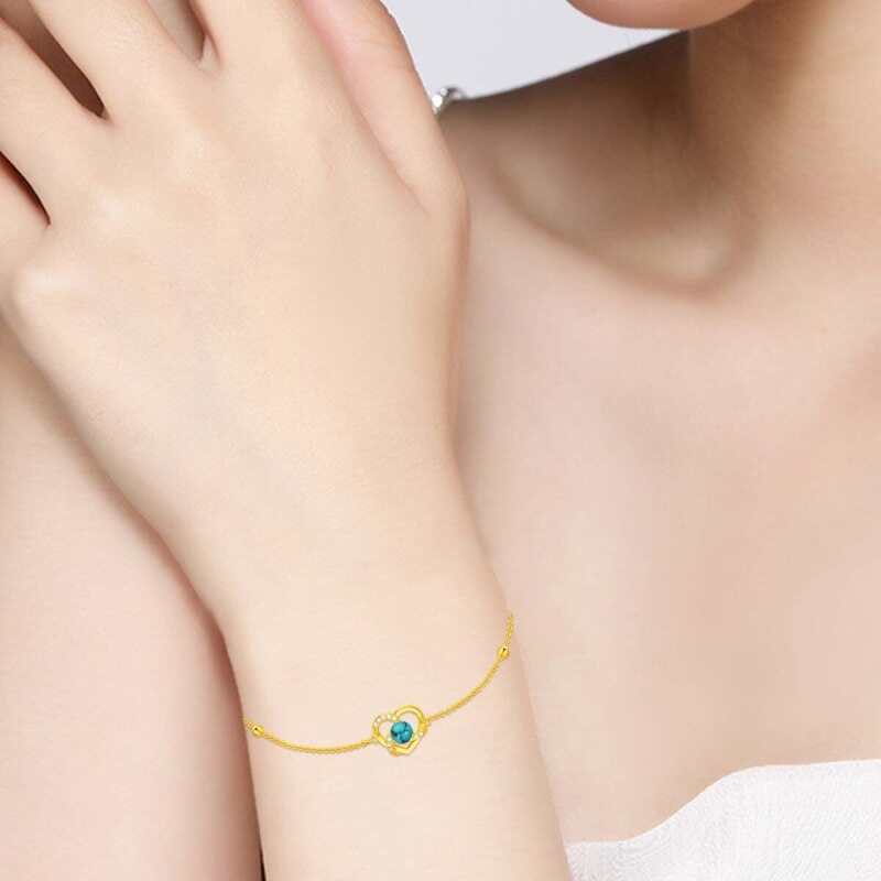Pulsera de platino con circonitas cúbicas chapadas en oro blanco, cuentas de turquesa y dije de corazón-2