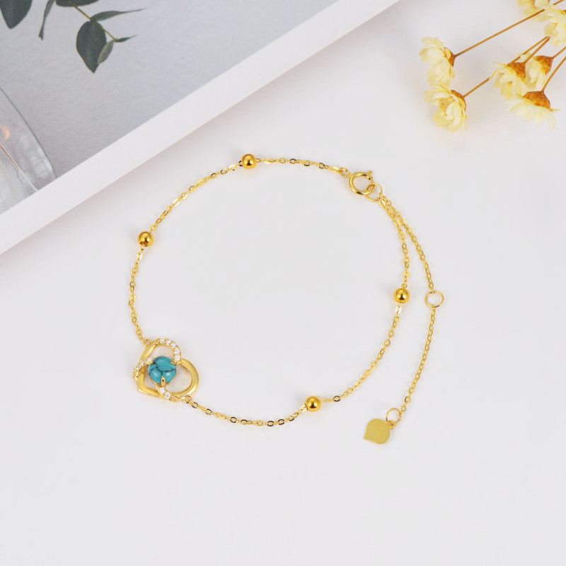 Pulsera de platino con circonitas cúbicas chapadas en oro blanco, cuentas de turquesa y dije de corazón-3