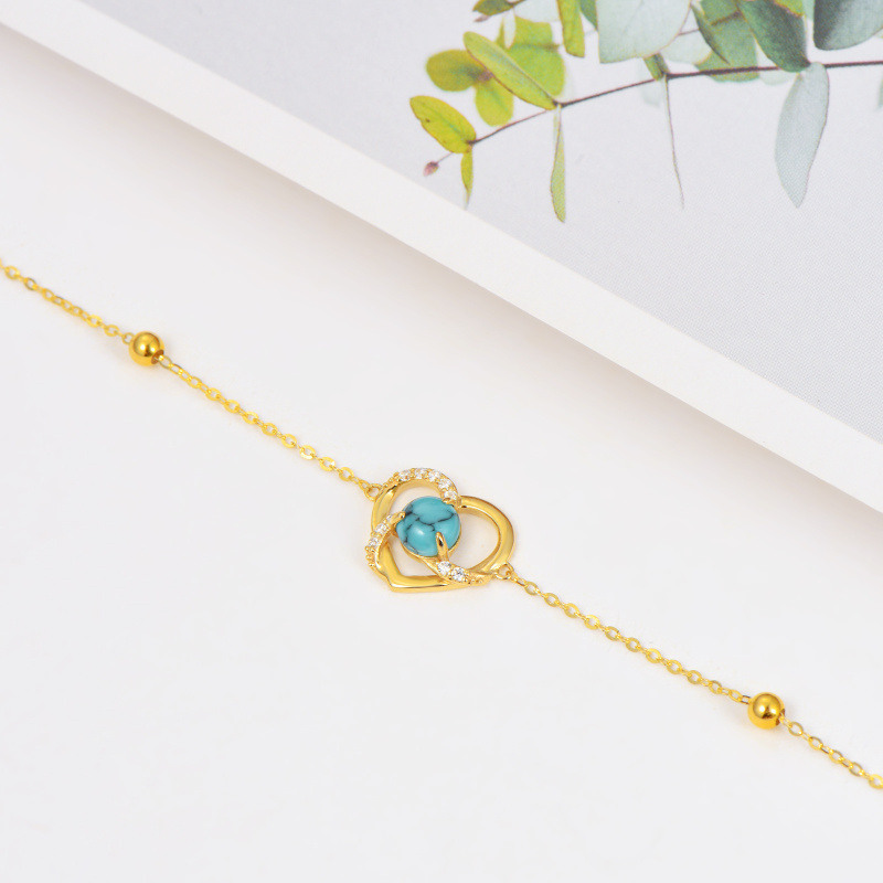 Pulsera de platino con circonitas cúbicas chapadas en oro blanco, cuentas de turquesa y dije de corazón-4
