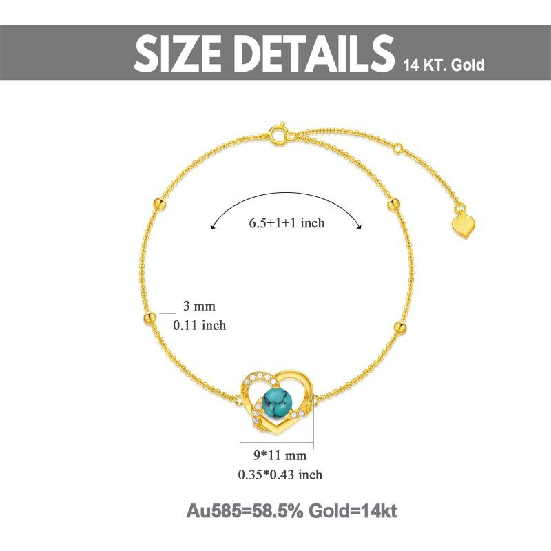 Pulsera de platino con circonitas cúbicas chapadas en oro blanco, cuentas de turquesa y dije de corazón-5