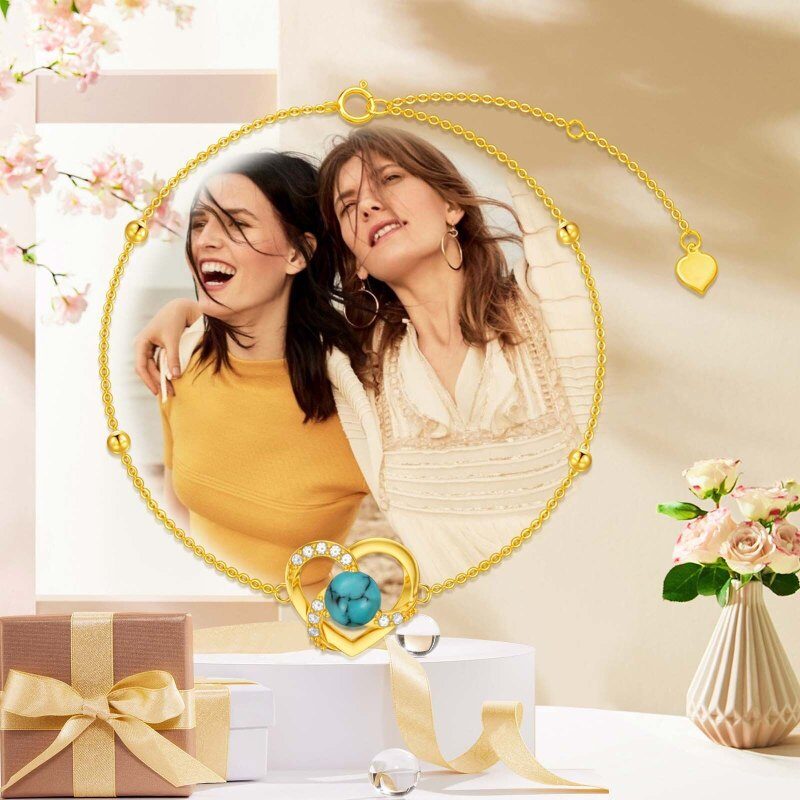 Pulsera de platino con circonitas cúbicas chapadas en oro blanco, cuentas de turquesa y dije de corazón-6
