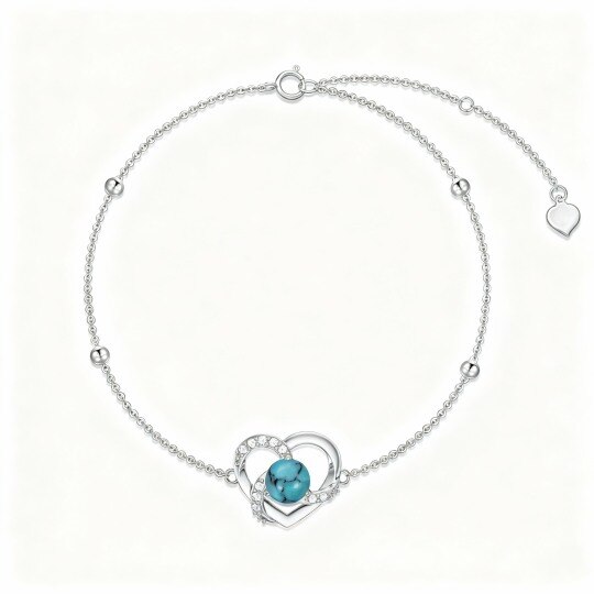 Bracelet en or blanc 10 carats avec perle en zircon cubique, turquoise et breloque en forme de cœur