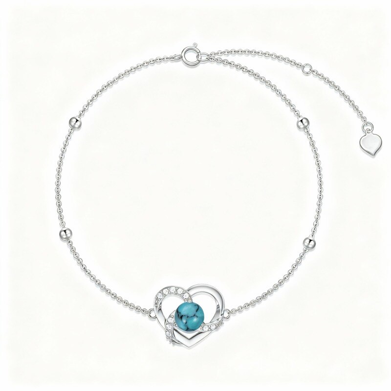 Pulsera de platino con circonitas cúbicas chapadas en oro blanco, cuentas de turquesa y dije de corazón-1