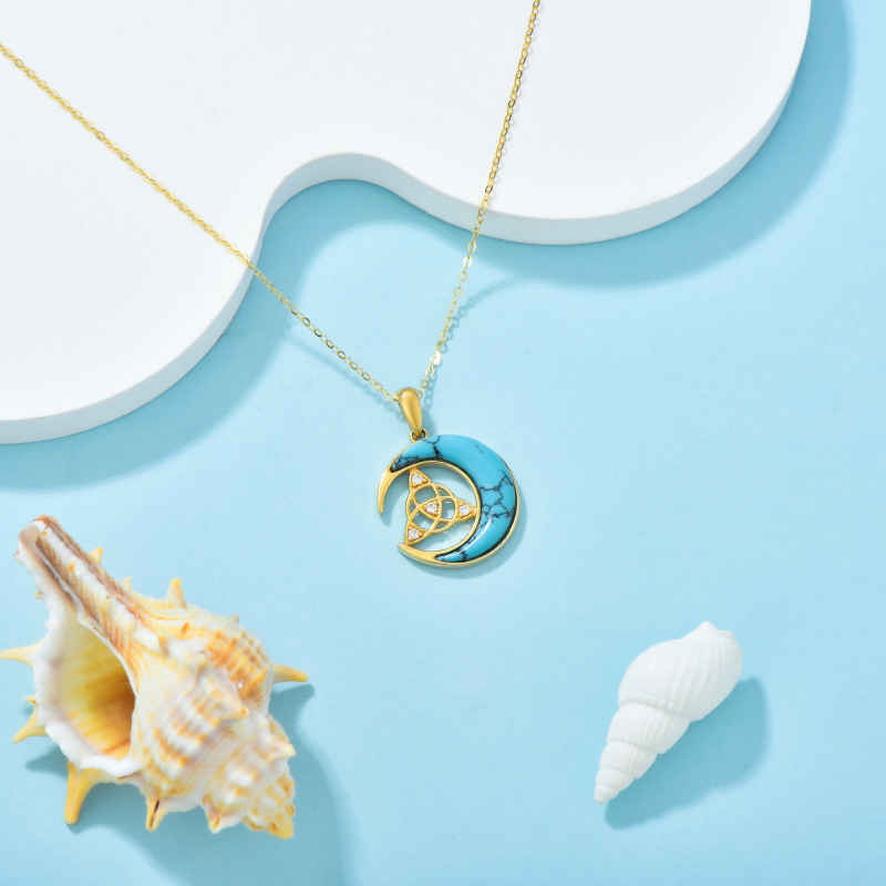 Collar con colgante de nudo celta y luna en platino con circonitas cúbicas chapadas en oro blanco y turquesa-3