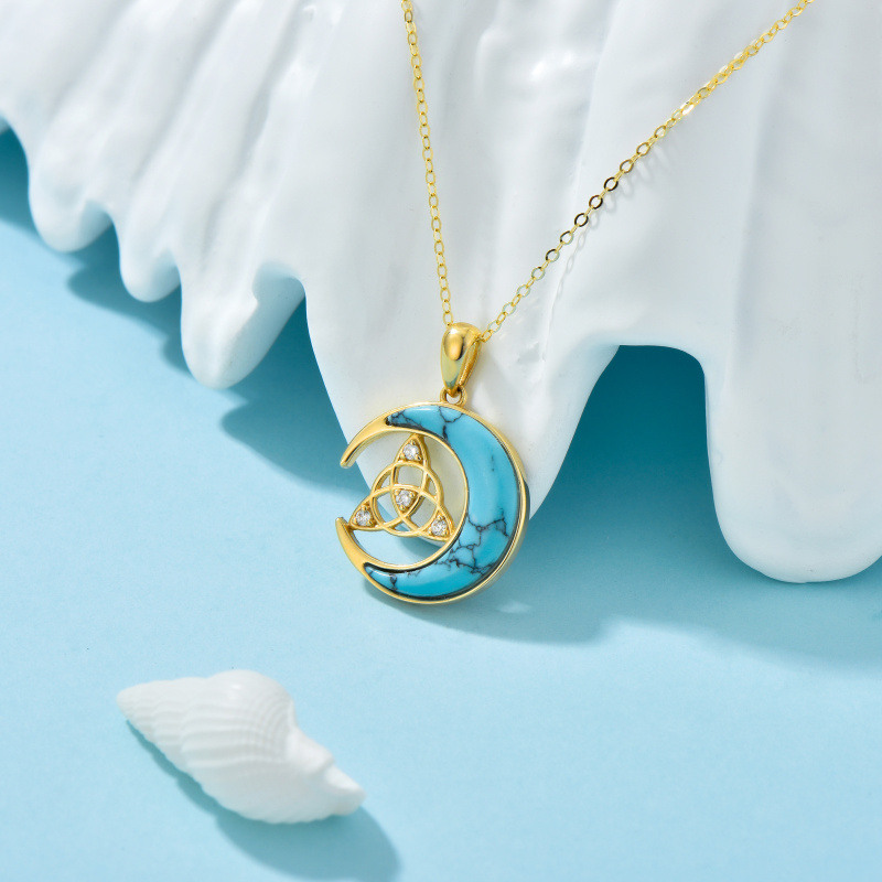 Collar con colgante de nudo celta y luna en platino con circonitas cúbicas chapadas en oro blanco y turquesa-4