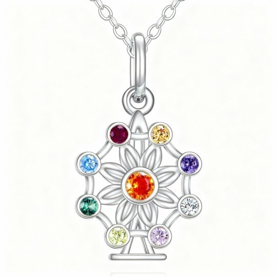 Collar con colgante de flores silvestres y chakras en oro blanco de 10 quilates con circonitas cúbicas