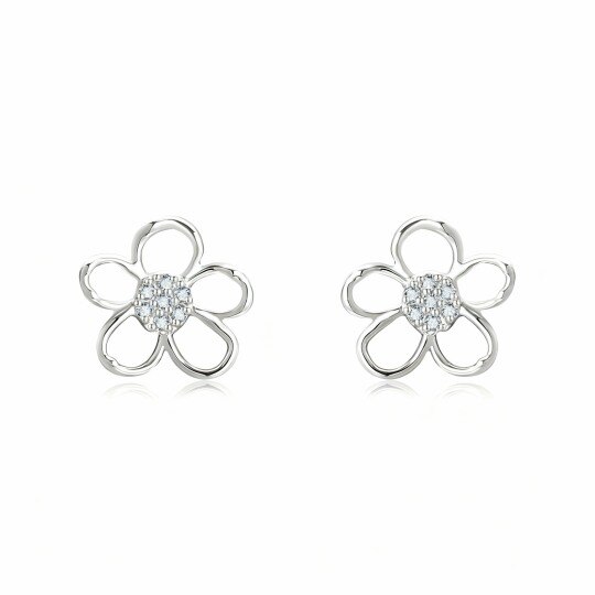 Pendientes de botón de flores silvestres con circonitas cúbicas en oro blanco de 10 quilates