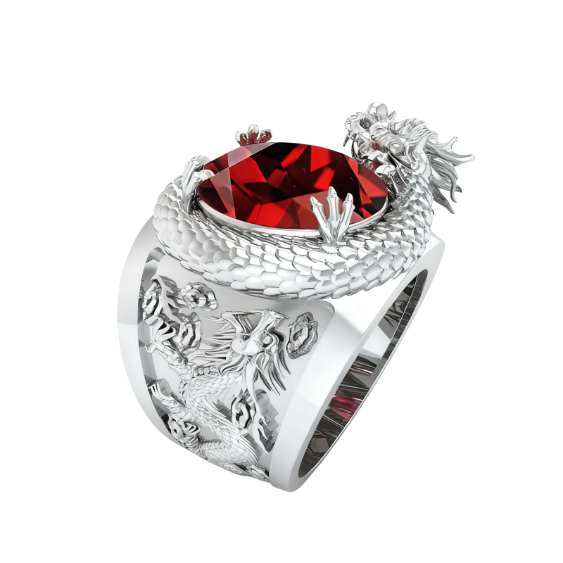 Bague dragon en or blanc 10 carats avec grenat taille coussin pour homme-18