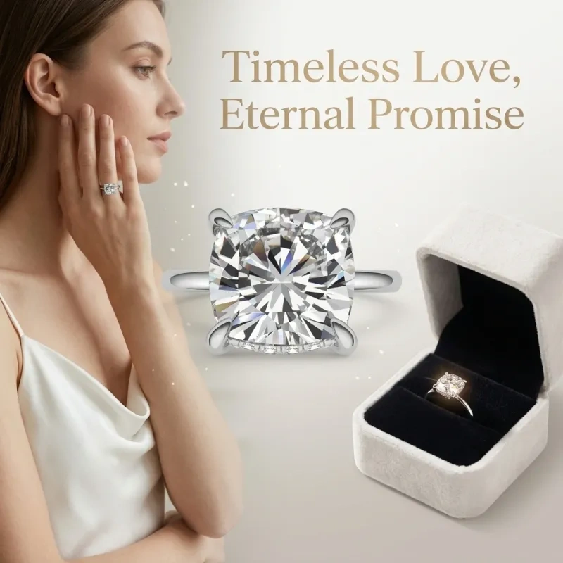 Platinum with White Gold Plated Cushion Cut Moissanite Hidden Halo Engagement Ring-8