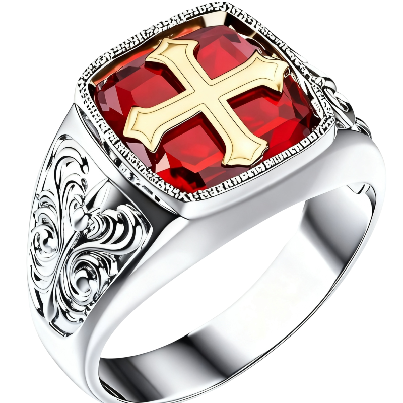10K White Gold Cushion Cut Ruby Cross Signet Ring for Men-1