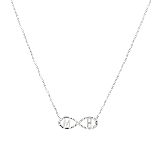 Collar con colgante personalizado de oro blanco de 10 quilates y símbolo del infinito.