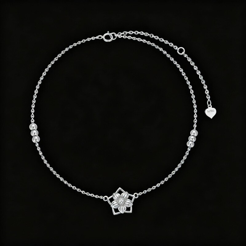 10K White Gold Daisy & Bead & Star Single Chain Anklet-14