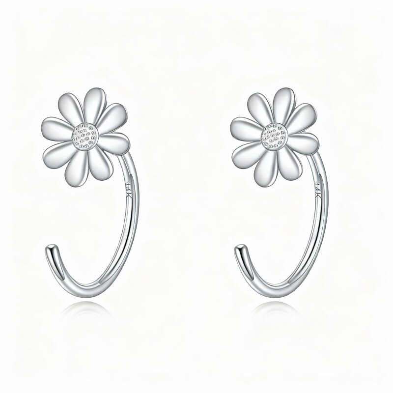 18K White Gold Daisy Hoop Earrings-1