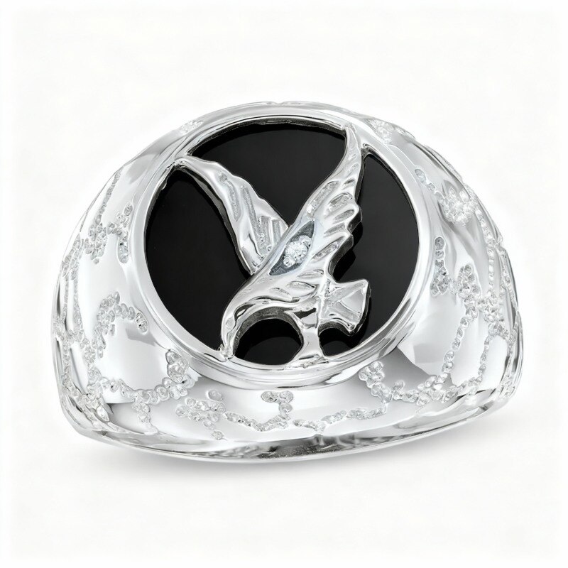 10K White Gold Diamond Accent Round Cut Agate & Diamond Custom Signet Ring I Color I2 Clarity 3EX-2
