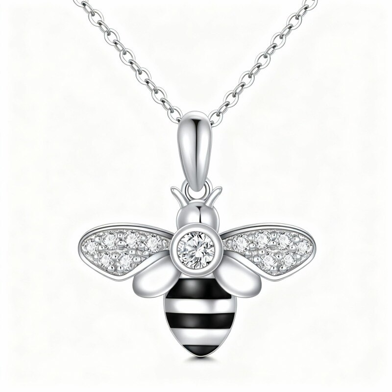Halskette mit Bienenanhänger aus 10-karätigem Weißgold und Diamanten-1