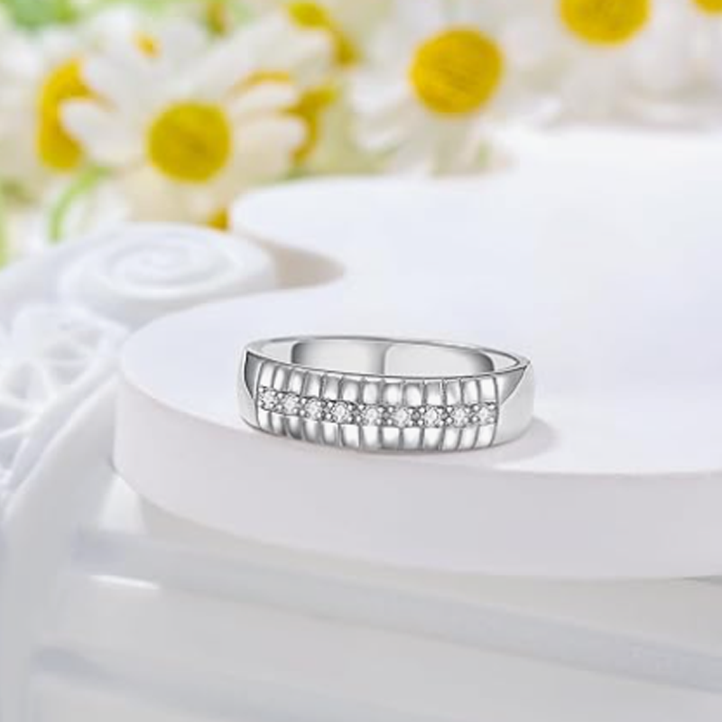 Alianza para hombre de plata esterlina con diamantes, grabado personalizado y personalizable, color D, claridad VVS1, 3EX-3