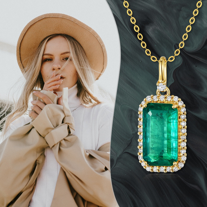 10K White Gold Diamond & Emerald Square Pendant Necklace-3