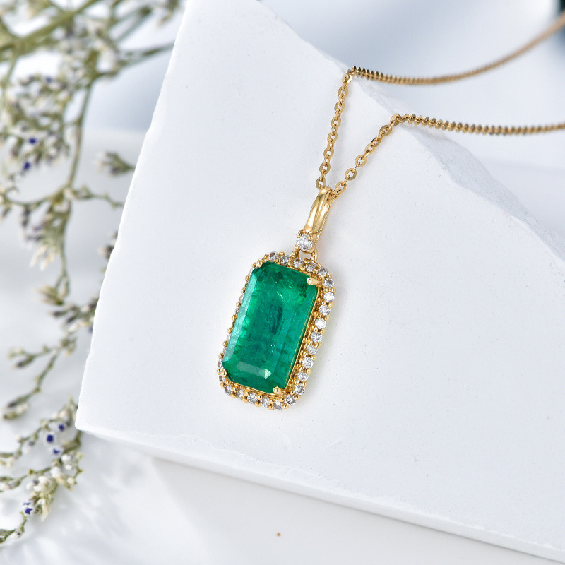 10K White Gold Diamond & Emerald Square Pendant Necklace-4