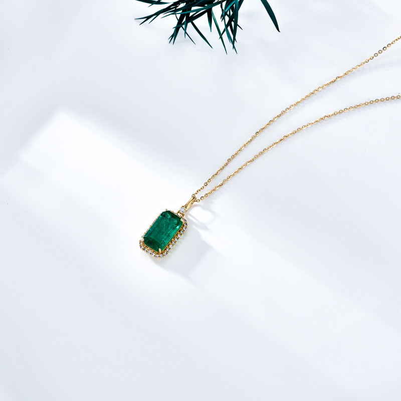 10K White Gold Diamond & Emerald Square Pendant Necklace-5