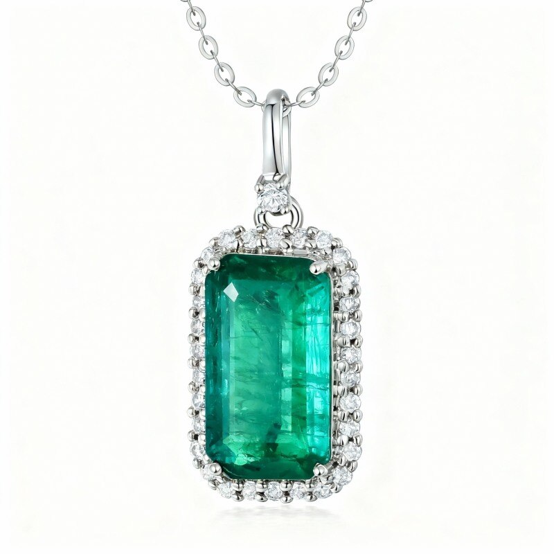 10K White Gold Diamond & Emerald Square Pendant Necklace-9
