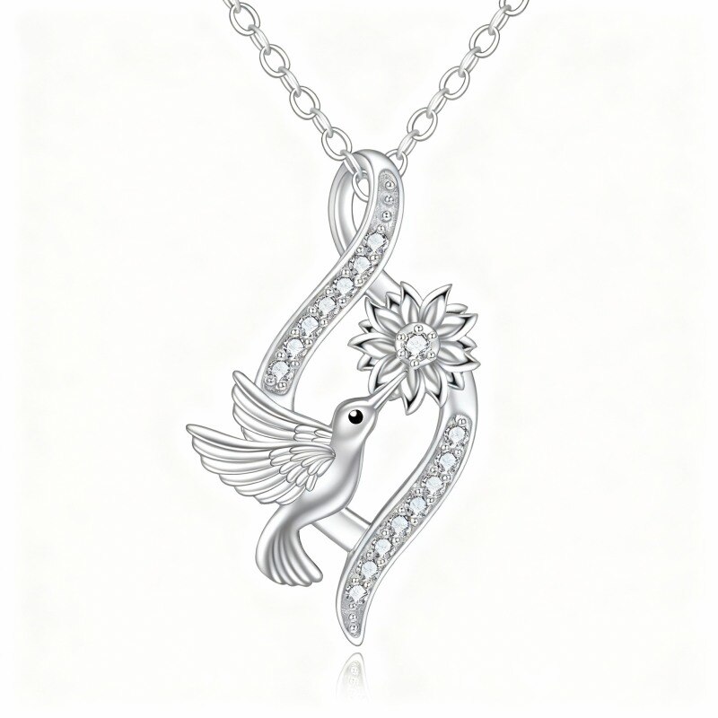 Collier pendentif en or blanc 10 carats avec diamants, colibri et symbole de l'infini-11