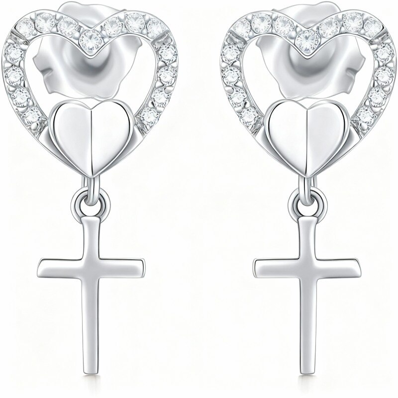 Boucles d'oreilles puces en or blanc 18 carats, diamants et moissanites en forme de cœur-1