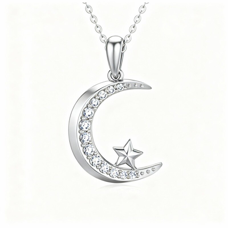 Collar con colgante de luna y estrella de diamantes chapado en oro blanco y platino-1