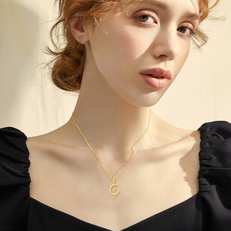 10K Gold Diamond Moon & Star Pendant Necklace-2