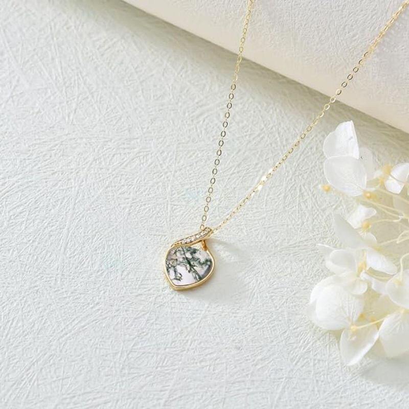 Collar con colgante de corazón de oro de 14 quilates, diamante y ágata musgosa-4