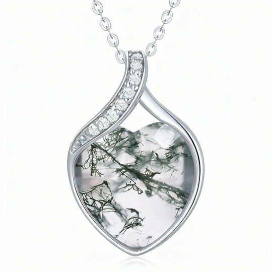 Colar com pendente coração em ouro branco 10K com diamante e ágata musgosa