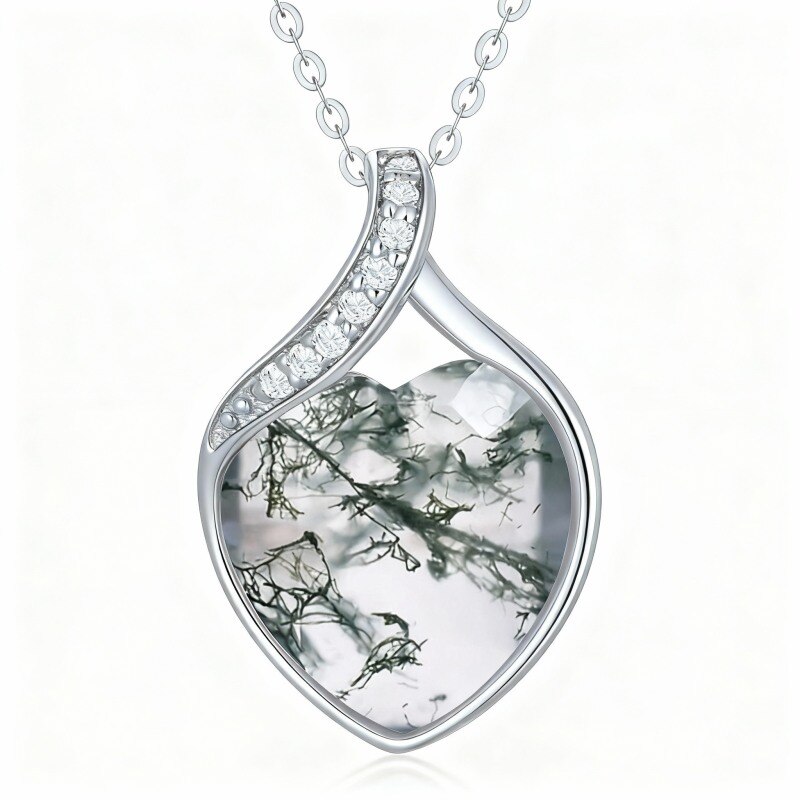 Collier pendentif cœur en platine plaqué or blanc avec diamant et agate mousse-1