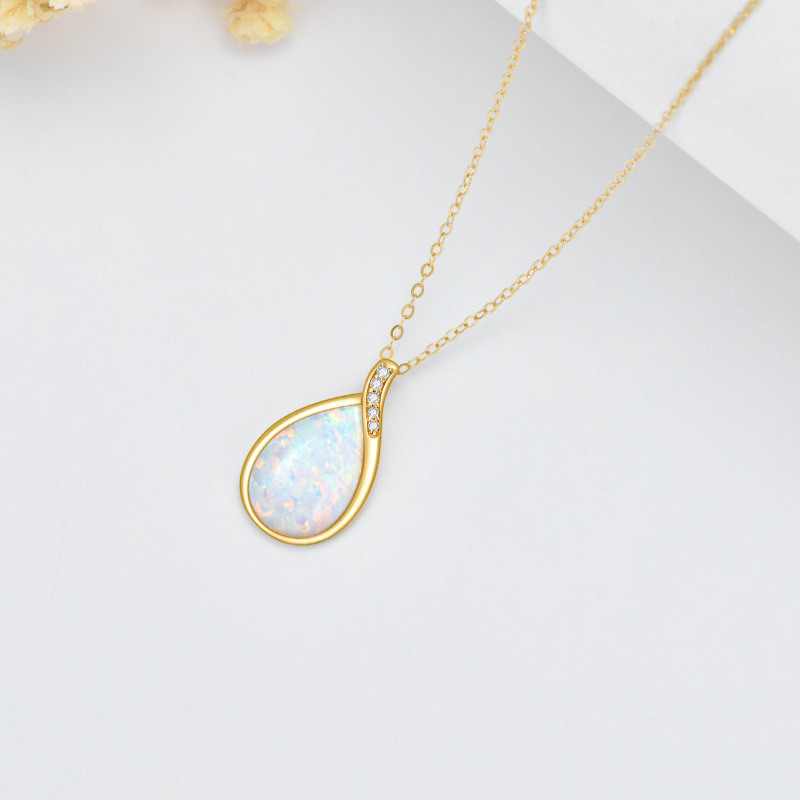 10K Gold Diamond & Drop Shaped Opal Pendant Necklace-4