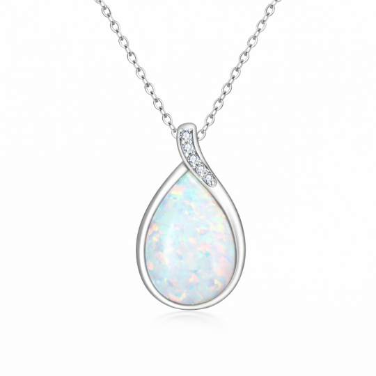 Colar com pendente em forma de gota em ouro branco 10K com diamantes e opalas