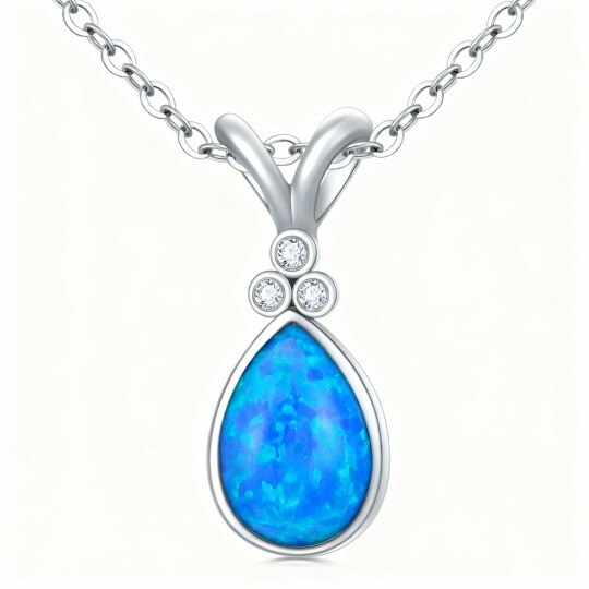 10K White Gold Diamond & Opal Drop Shape Pendant Necklace